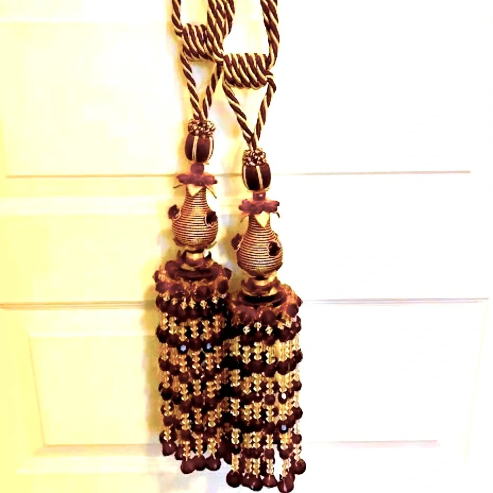 NWT ALEXANDRA’S ACCENTS Pair Rope Tiebacks w LG Bronze Crystal Beaded Tassels
